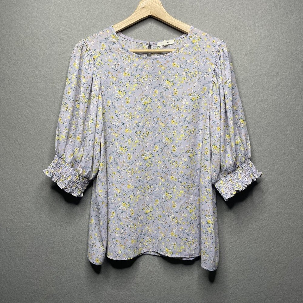 Pleione Womens Lilac Floral Print Blouse With Smocked Cuffs & Puff Sleeves M